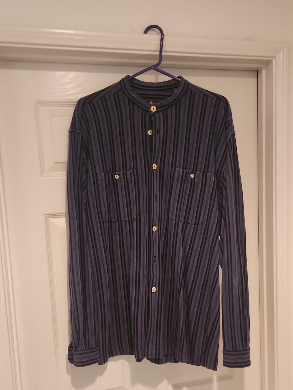 Men's Navy and Black Striped Button-Up Dress Shirt